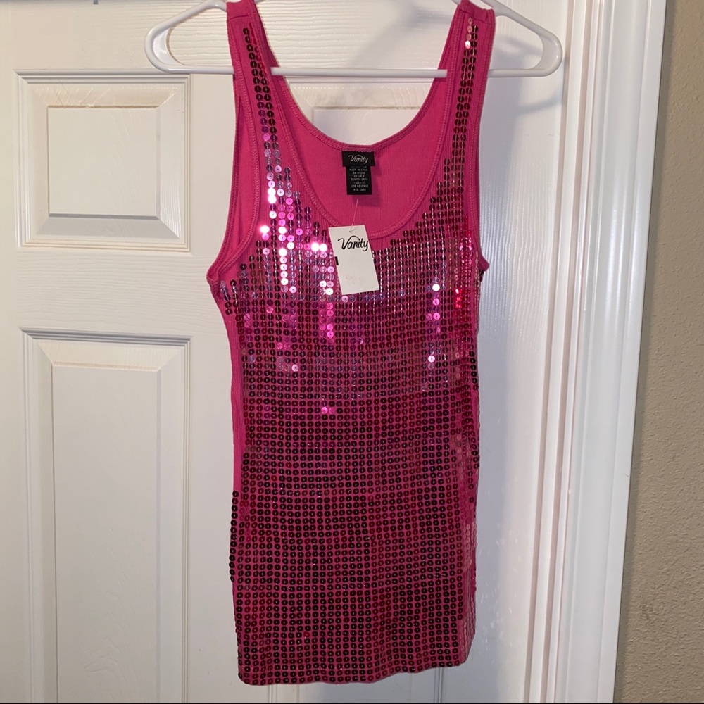 Hot pink sequined front ribbed tank